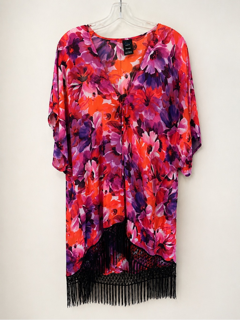 Catalina Floral Beach Cover Up Kimono Fringe Hem Sheer Swimwear Wrap L